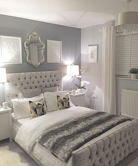 I love that headboard and the color of the room not the faux fur blanket though!! Grey Bedroom Design, Design Ložnic, Silver Bedroom, Wall Decorating, Dekorasi Kamar Tidur, Grey Bedroom, Trendy Bedroom, Gray Bedroom, Cool Ideas