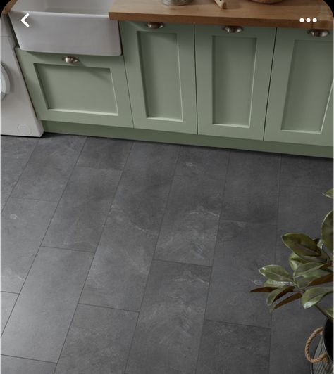 Slate Grey Floor Tiles, Sage Kitchen Dark Floor, Kitchen Floor Grey Tile, Slate Tile In Kitchen, Slate Grey Kitchen Floor, Kitchen With Dark Grey Floor, Slate Laundry Room Floor, Black Tiled Kitchen Floor, Kitchen Dark Tile Floor