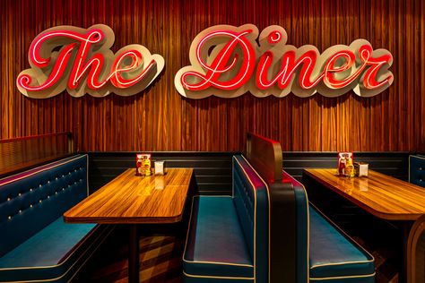 1960s Restaurant Interior, Fastfood Design Interiors, Vintage Interior Design Retro, 60s Diner, Modern Diner, Diner Aesthetic, American Cafe, Diner Sign, Diner Restaurant