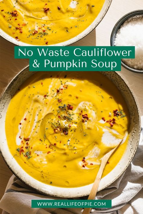 Did you know that the cauliflower stem + leaves and broccoli stems are edible? Often these veggie scraps go straight into the bin or compost, but a great way to use them up is to add them into soups! If you’re looking for new and easy ways to reduce food waste, try my winter warming ‘No Waste Cauliflower & Pumpkin Soup’. It’s incredibly quick and easy to make and it’s delicious.⁣⁣⁣⁣ Pumpkin Cauliflower, Life Of Pie, Homemade Bone Broth, Broccoli Stems, Vegetarian Meal Prep, Green Soup, Paleo Recipes Easy, Broccoli Cauliflower, Veggie Soup