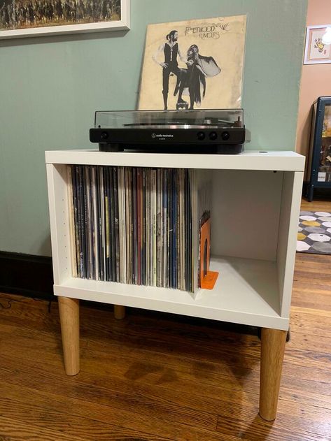 Simple Record Player Stand By Combining The Bestå 702.458.48 + Mid-Century Mod Legs Off Amazon Diy Record Player Stand Ideas, Record Player Stand Ikea, Record Player Stand Diy, Vinyl Record Storage Ikea, Vinyl Player Stand, Vintage Record Player Stand, Record Player Storage, Vinyl Record Storage Diy, Record Player Cabinet