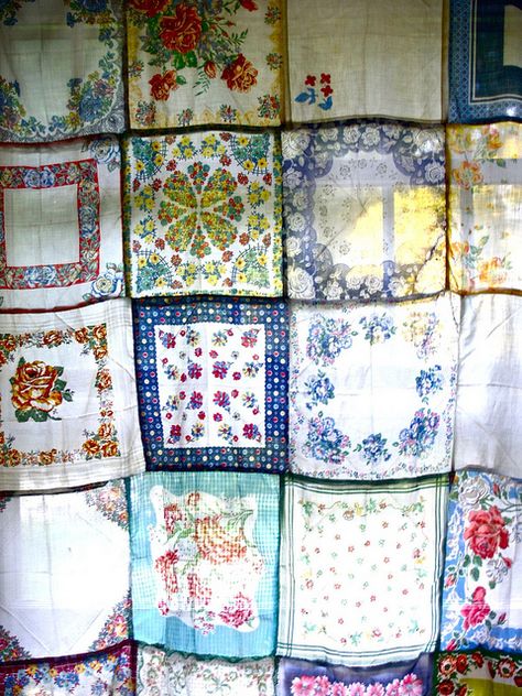 I have been collecting vintage hankies for a LONG time to do something like this...must get to it! Handkerchief Crafts, Patchwork Curtains, Curtains Decor, Lace Sewing, Repurposed Art, Vintage Handkerchiefs, Beaded Curtains, Quilting Ideas, Fiber Arts