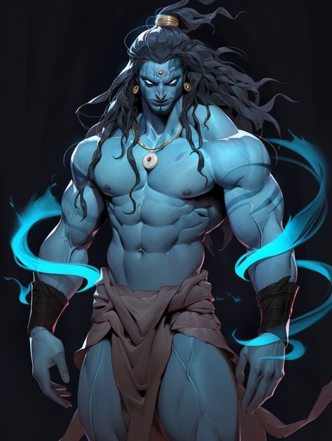 Shiva, the main god in Indian mythology, blue skin, muscular, handsome Blue Skinned Character, Blue Skin Character, Indian Character Design, God Mythology, Shiva Angry, Alien Species, Skins Characters, Indian Mythology, Blue Skin