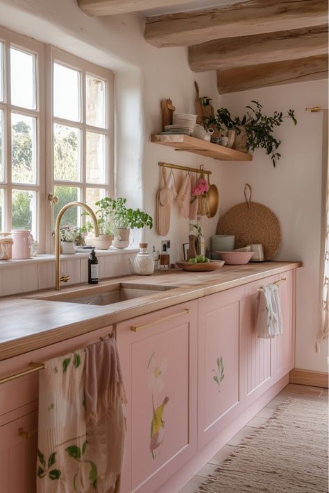 22 Stunning Kitchen Color Scheme Ideas (Warm, Neutral,...) - H.M.G Pretty Kitchen Colors, Pink Painted Kitchen Walls, Pink And Wood Kitchen, Pink And Yellow Kitchen, Kitchen Color Scheme Ideas, Kitchen Interior Colour Combination, Teen Bedroom Organization, Mustard Kitchen, Small Kitchen Colors