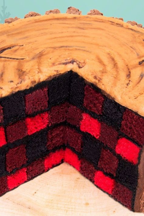 Lumberjack Cake Ideas, Plaid Cake Tutorial, Plaid Cake Ideas, Dartboard Cake, Buffalo Plaid Cake, Flannel Cake, Plaid Birthday Party, Checkered Cake, Plaid Cake