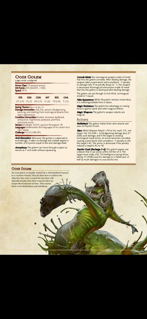 Ooze Dnd 5e, Dnd Ooze, Dnd Golem, Slime Folk Dnd, Dnd Level 1 Monsters, Dnd Slime Monster, Monster Manual Dnd, Dnd Monster Stats, Dnd Ooze Monster