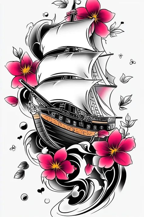 Tattoo idea: tattoo sketch Card with Pirate Ship – Adventure and fr 1 Pirate Tattoo Drawing, Pirate Ship Tattoo Stencil, Pirate Ship Sketch, Ghost Pirate Ship Tattoo, Pirate Ship And Skull Tattoo, Pirate Ship Tattoo Thigh, Ship Sketch, New Tattoo Designs, 3 Tattoo