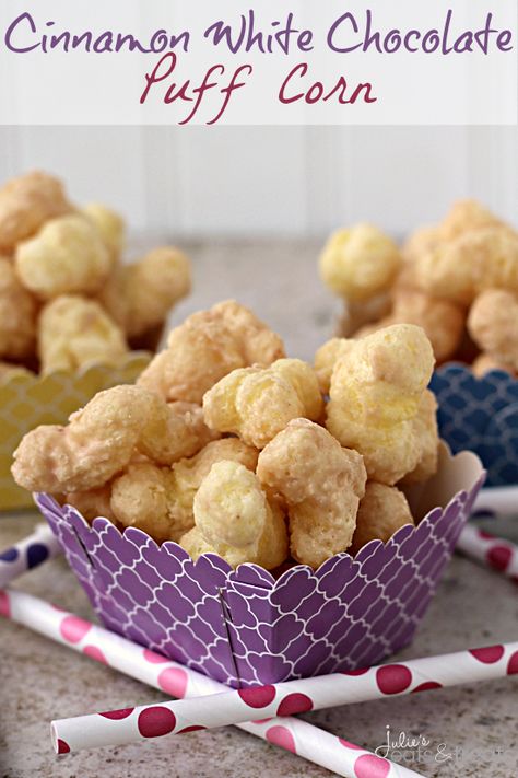 Cinnamon White Chocolate Puff Corn ~ Perfectly Sweet & Salty, Melt in Your Mouth Puff Corn Covered in a Cinnamon White Chocolate on MyRecipeMagic.com Chocolate Puff Corn, Puffed Corn Recipes, Puff Corn, Chocolate Puff, Corn Recipe, Christmas Friends, Snack Treat, Fudge Recipes, Snack Mix