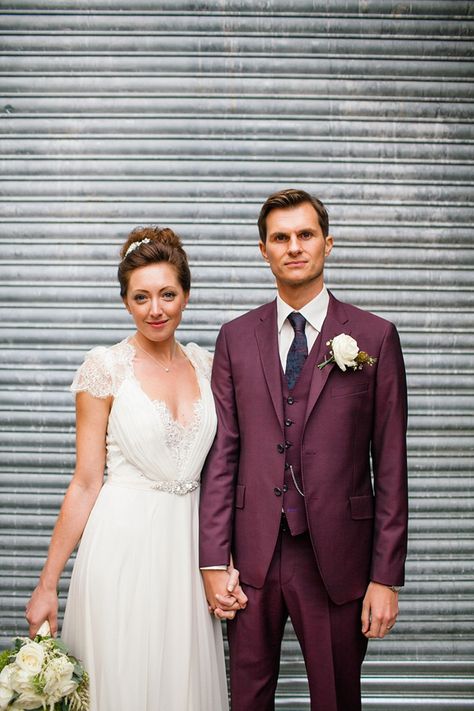 Dentelle by Jenny Packham, Hackney Wedding, MC Motors, East London Wedding, modern vintage wedding, Photography by Emma Case - www.emmacasephotography.com Burgundy Tuxedo, Marsala Wedding, Wedding Suits Groom, Mod Wedding, Groom Suit, Groom Attire, Wedding Suits Men, Burgundy Wedding, Perfect Wedding Dress