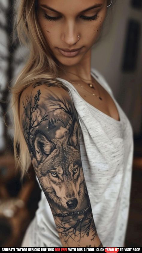 Wolf Sleeve Tattoos For Women, Wolf With Woman Tattoo, Wolf Tattoo Sleeve For Women, Wolf Arm Tattoo Woman, Wolf Flower Tattoo Design, Wolf Sleeve Tattoo Women, Woman Wolf Tattoo, Women Wolf Tattoo, Wolf Tattos