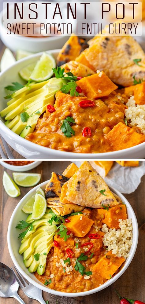 An easy recipe for Instant Pot sweet potato lentil curry. This comfort food is the perfect weeknight dinner for anyone who loves sweet potatoes, curry or lentils. #happyfoodstube #instantpot #sweetpotato #lentil #curry #recipe #pressurecooker #pressurecooking #comfortfood #lunch #dinner #vegetarian via @happyfoodstube Potatoes Curry, Pressure Cooker Sweet Potatoes, Instant Pot Sweet Potato, Sweet Potato Lentil Curry, Lentil Curry Recipes, Sweet Potato Curry, Lentil Curry, Happy Foods, Instapot Recipes