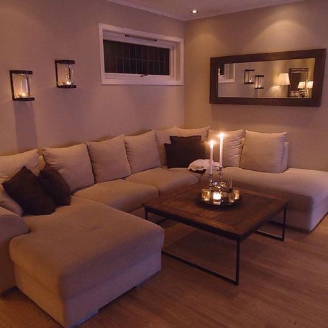 Basement Sectional, Dark Basement, Happy Ideas, Room Dark, Bar Basement, First Apartment Decorating, Small Living Room Decor, Brown Walls, Unfinished Basement