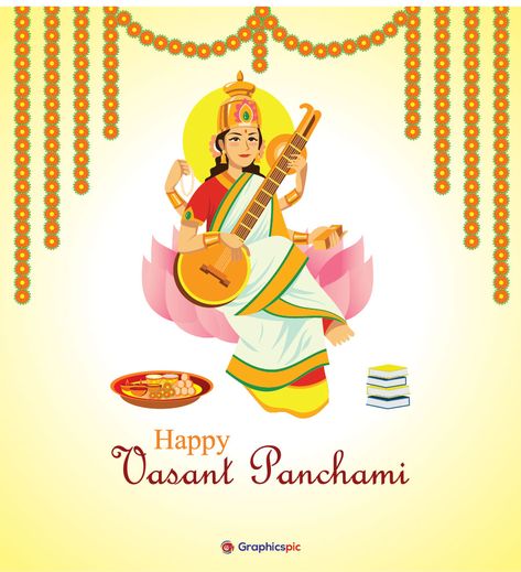 Vector illustration of Goddess Saraswati for Vasant Panchami Puja of India – Free Vector - Graphics Pic Cartoons Krishna, School Post, Maa Saraswati, Vasant Panchami, Saraswati Puja, Durga Mantra, Basant Panchami, Goddess Saraswati, Saraswati Devi