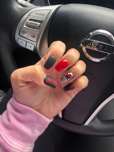 My nail gal got down on these Winter Soldier nails for my Disneyland trip #WinterSoldier #BuckyBarnes #Marvel #MCU #nailart #nailideas #SebastianStan #nails #manicure Bucky Nails Designs, Captain America Nails Acrylic, Marvel Nails Designs Easy, Winter Soldier Nail Art, Marvel Themed Nails, Marvel Acrylic Nails, Bucky Barnes Nails, Marvel Inspired Nails, Winter Soldier Nails