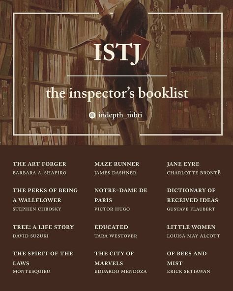 ISTJ Booklist Intj Personality Booklist, Enneagram Booklist, Isfj Booklist, Entp Booklist, Mbti Booklist, Infj Booklist, Istj Personality Aesthetic, Istj Aesthetic, Istj Mbti