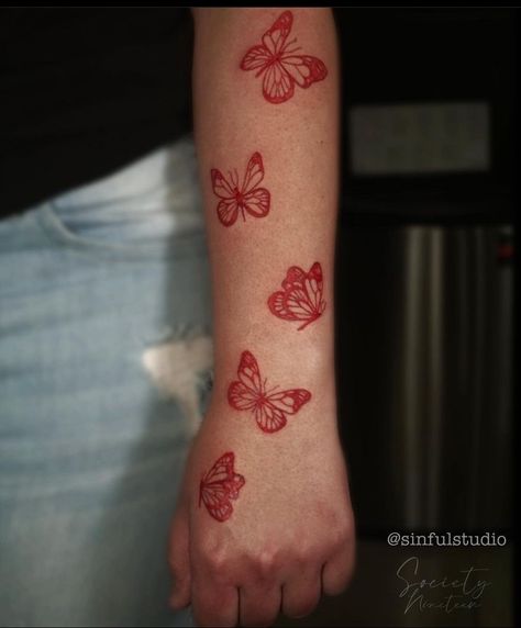 Red butterfliew tattoo red ink arm tattoo girly tattoo Red Butterflies Tattoo, Red Tattoo Ideas, Butterflies Tattoo, Butterfly Tattoo Stencil, Butterfly Tattoos On Arm, 42 Tattoo, Outer Forearm Tattoo, Butterfly Hand Tattoo, Red Heart Tattoos