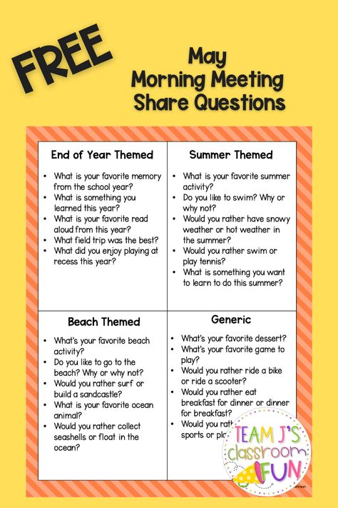 Save time with these Morning Meeting Share Questions for the month of May from Team J's Classroom Fun! Includes themed questions focused on - end of the school year, summer, and the beach! Your kids will be engaged and loving sharing their answers for these fun topics! Click through to grab your FREE set! {1st Grade, 2nd Grade, 3rd Grade, First Grade, Second Grade, Third Grade} Morning Meeting, Would You Rather, Play Tennis, End Of School, Classroom Fun, End Of Year, Morning Messages, Third Grade, Grade 1