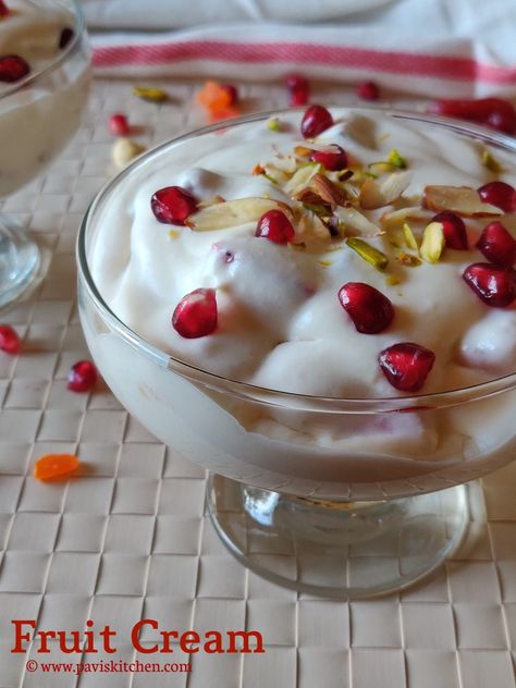 Delicious Indian dessert made with mixed fruits and a whipped cream. Fruit Cream Recipe Indian, Cream Desserts Easy, Whipped Cream Fruit Salad, Fruit Salad With Cream, Cream Desserts Recipes, Easy Indian Dessert Recipes, Easy Indian Dessert, Whipped Cream Desserts, Fruit Cream