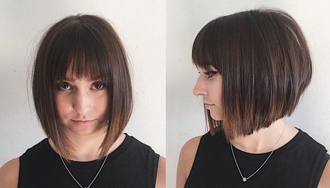 Women's Chic Blunt Angled Bob with Feathered Bangs and Brunette Ombre Medium Length Hairstyle Angled Bob Bangs, Angled Bob Hairstyles With Bangs, Angled Bob Haircuts With Bangs, Blow Dry Bangs, Bob With Feathered Bangs, Angled Bob With Bangs, Latest Hairstyles For Men, Bob With Fringe Bangs, Bob Fringe