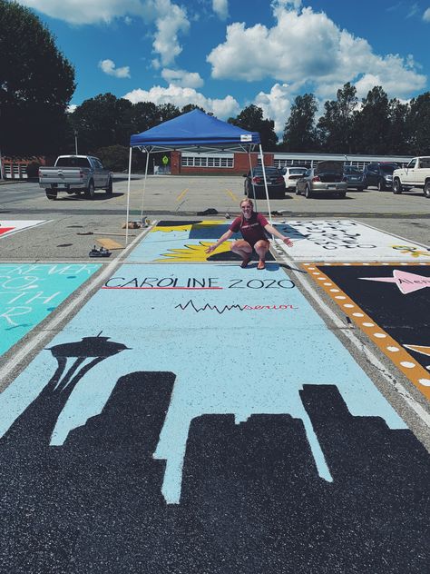 @carolineleeeeeee Greys Anatomy Parking Spot Ideas, Greys Anatomy Senior Parking Spot, Volleyball Parking Spot Painting, Senior Parking Spaces Chalk Easy, Senior Parking Space Ideas 2023, Highschool Parking Spot Ideas, Senior Parking Space Ideas, Senior Parking Spaces, Painted Parking Spaces Ideas