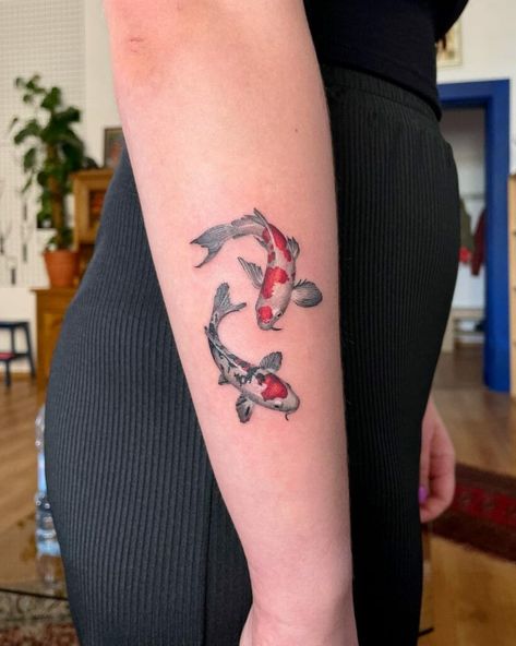 Koi Fish Tattoo Forearm, Koi Fish Yin Yang, Koi Fish Tattoo Meaning, Fish Yin Yang, Small Fish Tattoos, Koi Fish Tattoos, Black Koi Fish, Side Wrist Tattoos, Koi Tattoo Design