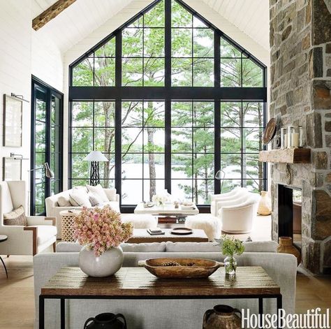 Finally Home Project: Inspiration Photos & Breaking Ground?! - ZDesign At Home Vaulted Ceiling Windows, Vaulted Ceiling Ideas, Wallpaper Design For Bedroom, Modern Rustic Living Room, Room Addition, Mountain Cottage, Farmhouse Inspiration, Ceiling Ideas, Flowers Wallpaper