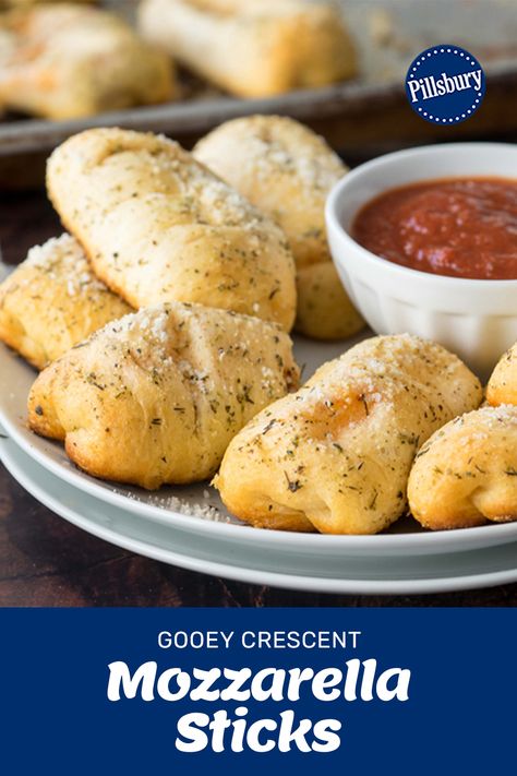 Ooey gooey cheese in a parmesan crusted flaky crescent roll... How delicious does that sound? These Crescent Mozzarella Sticks are perfect as an after school snack, game day, or just when you're in the mood for cheese! 🧀 #Pillsbury #PillsburyCrescents #MozzaSticks #Appetizer Crescent Cheese Sticks, Cheese Stick Crescent Rolls, Mozzarella Sticks Crescent Rolls, Recipes With Mozzarella Sticks, Crescent Roll Mozzarella Sticks, Crescent Roll Cheese Sticks, Mozarella Sticks Recipes, Mozzarella Crescent Rolls, Pilsbury Crescent Rolls