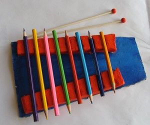 X is for xylophone: colourful xylophone built with pencils, cardboard and polystyrene. Diy Xylophone For Kids, Musical Instruments Using Recycled Materials, X For Xylophone, X Is For Xylophone, Water Xylophone, Kids Xylophone, Music Instruments Kids, Kindergarten Art Crafts, Music Instruments Diy