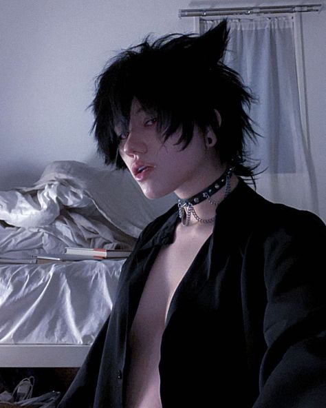 Emo Boy Aesthetic, Emo Boy, Boy Aesthetic, Aesthetic Wallpaper, Black Hair, Bed, Hair, Black