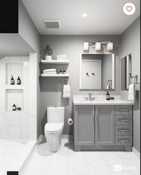 Bathroom Decor Ideas White Cabinets, Grey Walls Bathroom Ideas, Greyscale Bathroom, Light Gray Vanity Bathroom, Grey Bathrooms Ideas, Bathroom Decor Grey And White, Grey Half Bathroom Ideas, Gray Small Bathroom Ideas, Bathroom Remodel For Small Bathroom