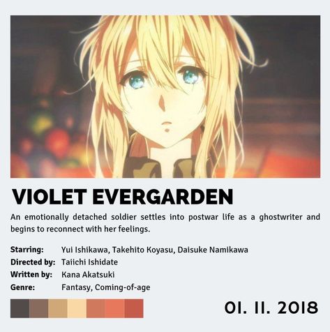 #anime #filmpalette #violetevergarden Violet Evergarden Color Palette, Daisuke Namikawa, Violet Evergarden, Mood And Tone, Ghost Writer, Set Cover, Coming Of Age, Color Pallets, Business Ideas