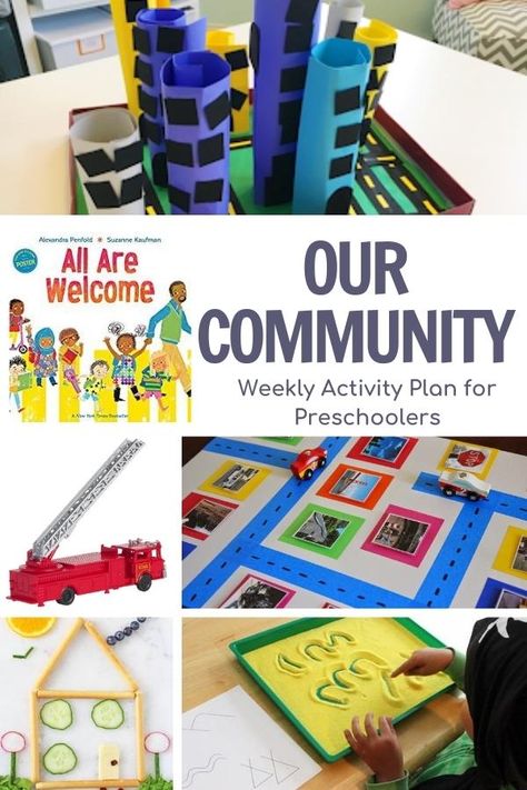 A week of planned simple, low prep activities for preschoolers on the theme of our community featuring the book All are Welcome by Alexandra Penfold Preschool Social Studies, Neighborhood Activities, Community Helpers Activities, Community Helpers Preschool Activities, Communities Unit, Community Ideas, Community Helpers Theme, Community Helpers Preschool, Community Workers