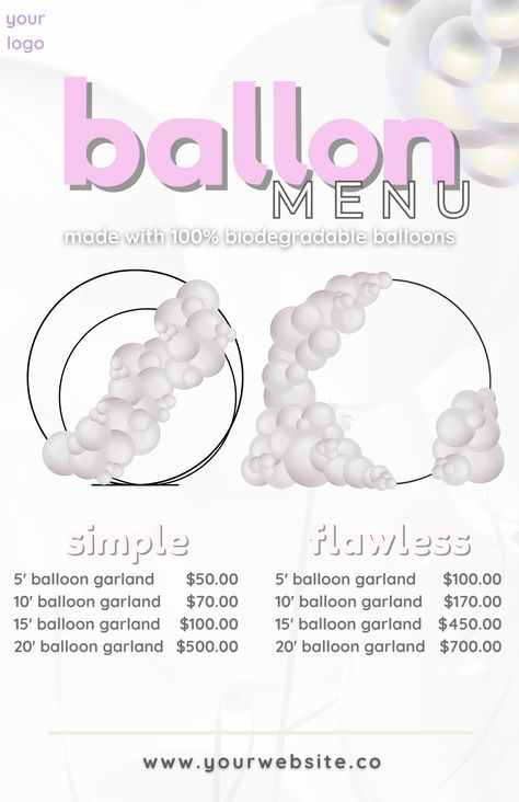 Transform Your Balloon Business with Our Editable Balloon Menu Templates! 🎈 Perfect for Balloon Artists. Bring your balloon decor vision to life and wow your clients with professional pricing and presentation. Download now and elevate your event styling business! #BalloonMenu #BalloonMockup #BalloonDecor #CustomTemplates #EventStylist #PartyPlanning #EditableMenu #CanvaTemplates #EventDesign #BalloonArtist #EventPlanning #WeddingStyling #PartyDecor Ballon Business, Balloon Tips, Styling Business, Catalog Ideas, Balloon Business, Planning Tools, Balloon Decor, Decorations Party, Business Organization