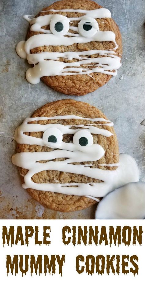 These chewy and delicious maple cinnamon cookies become mummies quickly and easily. They are a perfect Halloween treat! #halloween #cookies #dessert #maple #recipe Party Motto, Mummy Cookies, Halloween Deserts, Recipes Halloween, Dessert Halloween, Postres Halloween, Recetas Halloween, Halloween Food Dinner, Halloween Cookie Recipes