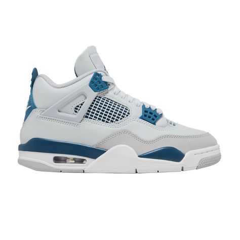 Find JORDAN 4 Retro 'military Blue' 2024 on Editorialist. The 2024 edition of the Air Jordan 4 Retro ‘Military Blue’ also known as 'Industrial Blue' brings back a coveted OG colorway of the legacy silhouette. Smooth off-white leather is utilized on the upper, featuring quarter panel netting and a tonal nubuck forefoot overlay. A vibrant blue Jumpman logo adorns the woven tongue tag, matching the molded eyelets and a back tab marked with Nike Air branding. The sneaker rides on a lightweight polyurethane midsole with encapsulated Air-sole cushioning in the forefoot and a visible Air bag in the heel. Jordan 4 Industrial Blue, Blue Jordan 4’s, Jordan 4 Retro Blue, Jordan 4 Blue, Jordan Air 4 Retro, Blue And White Jordans, Jordan 4 Military Blue, Fire Shoes, Jordan 4’s