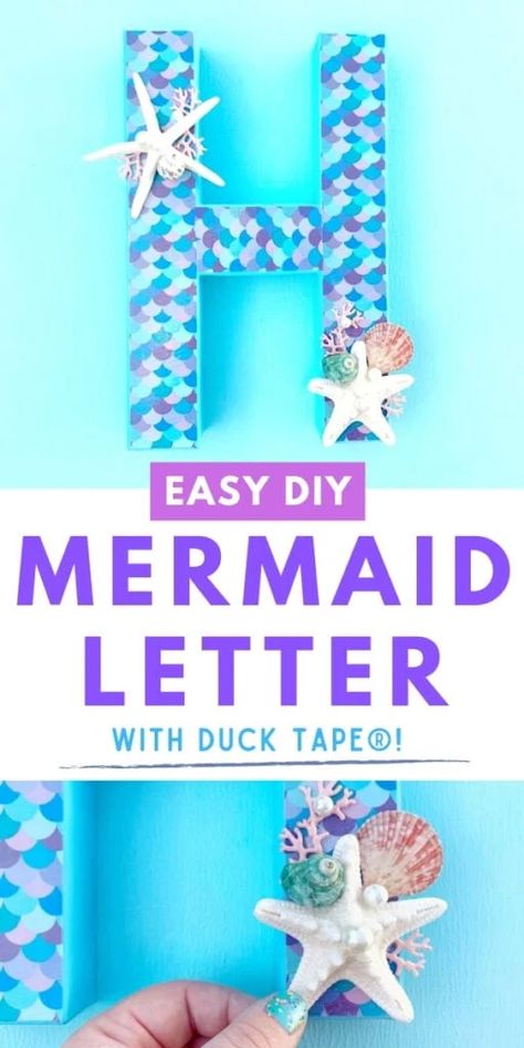 Mermaid letter with scales and shells Diy Mermaid Room Decor, Mermaid Letters Diy, Mermaid Door Decorations, Mermaid Letters, Fun Party Crafts, Wooden Block Letters, Mermaid Party Decor, Adult Bedroom Decor, Mermaid Room Decor