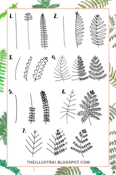 25 Easy Doodle Art Drawing Ideas For Your Bullet Journal | Brighter Craft How To Draw Greenery, Fern Design Drawing, Diy Illustration Art, Fern Doodle Simple, Greenery Drawing Simple, Complicated Doodles, Botanical Sketches Simple, How To Draw Ferns, Easy Leaves Drawing