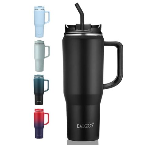 EALGRO 40 oz Tumbler with Handle, Insulated Tumblers with Lid and Straw, Large Metal Sports Water Bottle Jug, Thermal Stainless Steel Travel Coffee Mug Cup, Black 40 Oz Tumbler With Handle, Tumbler Handle, 40 Oz Tumbler, Tumbler With Handle, Metal Straws, Vacuum Flask, Sport Water Bottle, Insulated Water Bottle, Cup Holders