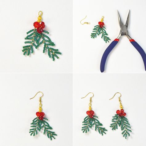 PandaHall Tutorial on Christmas Beaded Earrings- Pandahall.com Beaded Holly Leaves, Patterns For Beaded Earrings, Diy Christmas Earrings Beads, Seed Bead Patterns Christmas, Beaded Holiday Earrings Diy, Beaded Christmas Earrings Patterns, Beaded Winter Earrings, Christmas Seed Bead Jewelry, Christmas Jewelry Diy Earrings