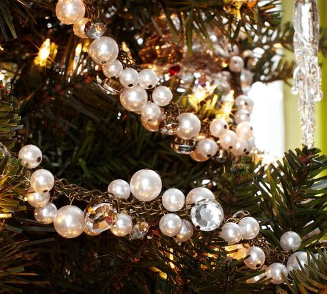 Pearl Christmas Tree Garland from PB! Pearl Garland Christmas Tree, Pottery Barn Holiday, Pottery Barn Christmas Tree, Barn Christmas, Pearl Garland, Pottery Barn Christmas, Crystal Garland, Holiday Garlands, Christmas Tree Garland