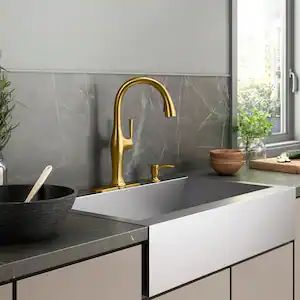 Sundae Single-Handle Pull Down Sprayer Kitchen Faucet in Vibrant Brushed Moderne Brass Kohler Artifacts, Gold Kitchen Faucet, Brass Kitchen Faucet, Brass Kitchen, Gold Kitchen, Clean Sink, Kitchen Faucets, Lotion Dispenser, Kitchen Sink Faucets