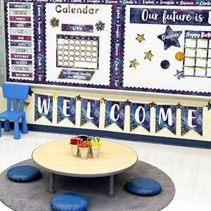 Galaxy Classroom Theme Bulletin Boards, Galaxy Bulletin Board Ideas, Celestial Classroom Theme, Galaxy Classroom Theme, Galaxy Bulletin Board, Space Bulletin Board Ideas, Galaxy Classroom, 4th Grade Classroom Setup, Space Bulletin Boards