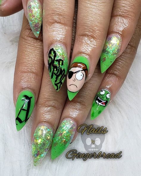 Pickle Rick and Morty. swipe <<=== for the glow! . . . . . . . . . . . . #nailsbygingerbread #teamvalentino #dmv #dmvnails #dmvnailtech… Rick And Morty Nails Acrylic, Rick And Morty Nail Art, Rick And Morty Halloween, Rick And Morty Nails, Pickle Rick, Rick Y Morty, Nail Blue, Hand Gesture, Nail Swag