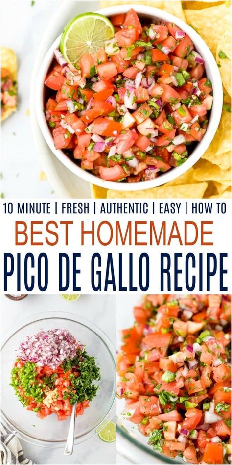 An easy Homemade Pico de Gallo Recipe made with simple fresh ingredients for a delicious, addicting fresh tomato salsa that has a spicy kick to it. Learn all my tricks for an authentic pico de gallo guaranteed to be a crowd favorite! #salsa #fresh #pico #bestsalsa #picodegallo #mexican #appetizer Mild Salsa Recipe, Pico Recipe, Homemade Pico, Fresh Salsa Recipe, Salsa Guacamole, Salsa Fresca, Fresh Tomato Salsa, Fresh Salsa, Salsa Recipe