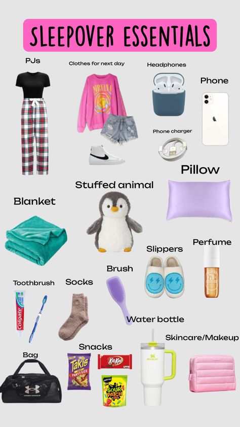 Sleepover Checklist, Sleepover Packing List, Fun Sleepover Activities, Trip Essentials Packing Lists, Teen Sleepover Ideas, Sleepover Essentials, Fun Sleepover Games, Birthday Sleepover Ideas, Road Trip Kit