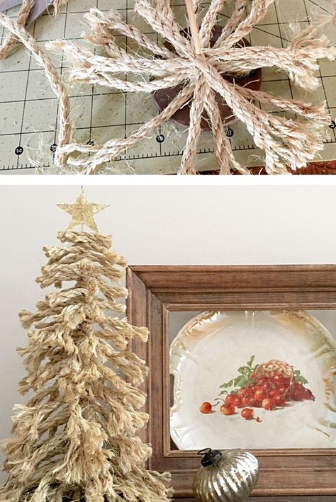 Here's the steps to make a different kind of rope tree. This one is shaggy and easy to make. Use sharp scissors and a skewer. This rope tree is at Country Design Style. It's rustic and can display any time of the year. #ropetree #shaggyropetree #treedecorations. Thrifting Projects, Rope Christmas Tree, Church Ornaments, Diy Trees, Rope Tree, 2023 Crafts, Boho Crafts, Yarn Trees, Sharp Scissors