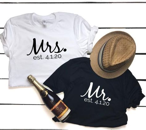 MR AND MRS SHIRT Our Bella+Canvas t-shirt feels soft and light, and has just the right amount of stretch. Our shirts are comfortable and the unisex cut is flattering for both men and women. We cant compliment this shirt enough – its one of our shop favorites, and its sure to be your next favorite Husband And Wife Shirts, Just Married Shirts, Hubby Wifey Shirts, Wife Shirts, Girls Weekend Shirts, Married Shirt, Groom Shirts, Wedding Shirt, Wedding Party Shirts