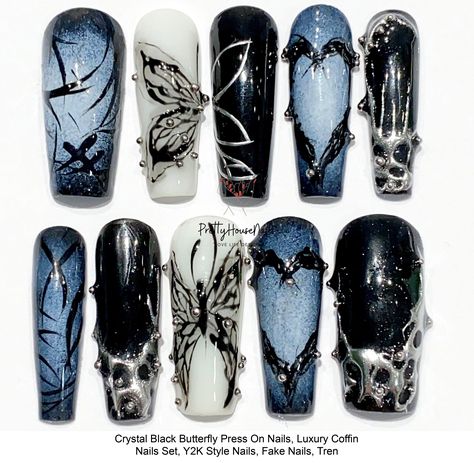 Thank you for stopping by and supporting a small business! Nails With Coffins On Them, Butterfly Nails Y2k, Black Nails Prom Ideas, Dark Butterfly Nails, Short Nails Extra, Dark Themed Nails, Black And Purple Short Nails, Gothic Nails Simple, Emo Black Nails