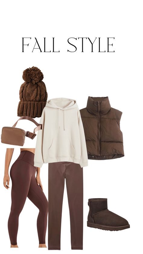 Fall Outfits Vest Casual, Chocolate Vest Outfit, Brown Leggings Fall Outfit, Amazon Fall Styles, Beige Gillet Women Outfit, Neutral Puffer Vest Outfit, Black Body Warmer Outfit Women, Brown Puffer Vest Outfits For Women, Casual Workout Outfits Winter