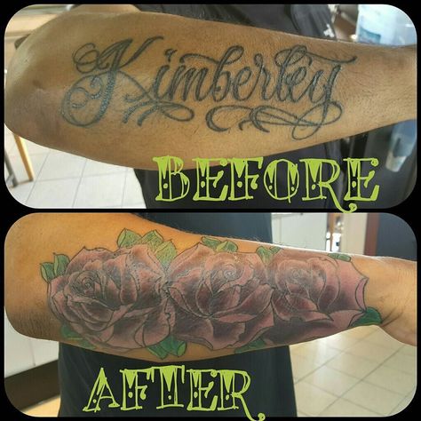 Our client got a fresh new start to his tattoo with these purple roses over this large name in script. Cover up tattoo by @donmeatball @royalfleshtattoo #coverup #tattoo #purple #roses #purpleroses #bodyart #chicagotattooshop #royalfleshtattooandpiercing #chicagotattooartist #angelo Name Cover Up Tattoos, Cover Up Name Tattoos, Name Tattoos For Girls, Cover Up Tattoos For Men, Flesh Tattoo, Best Cover Up Tattoos, Coverup Tattoo, Name Covers, Tattoo Cover Up